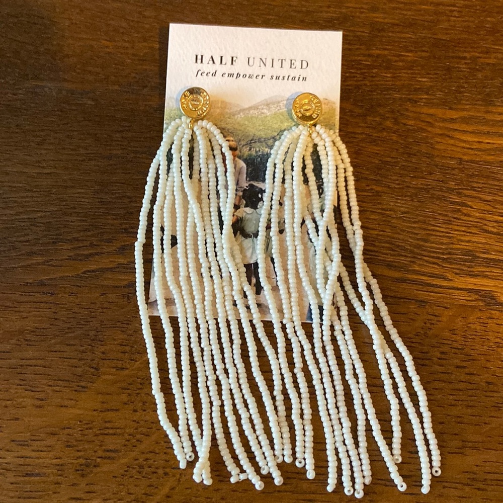 Half United White Beaded Tassel Bullet Earrings, NWT